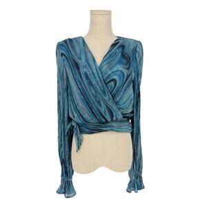 Ramy Brook Crop Top Blue Metallic Plisse Long Sleeve Blouse V-Neck, Designer XS